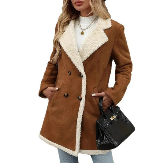 Fleece Wildleder Mittellanger Wolliger Freizeit Warmer Mantel Damen Jacke