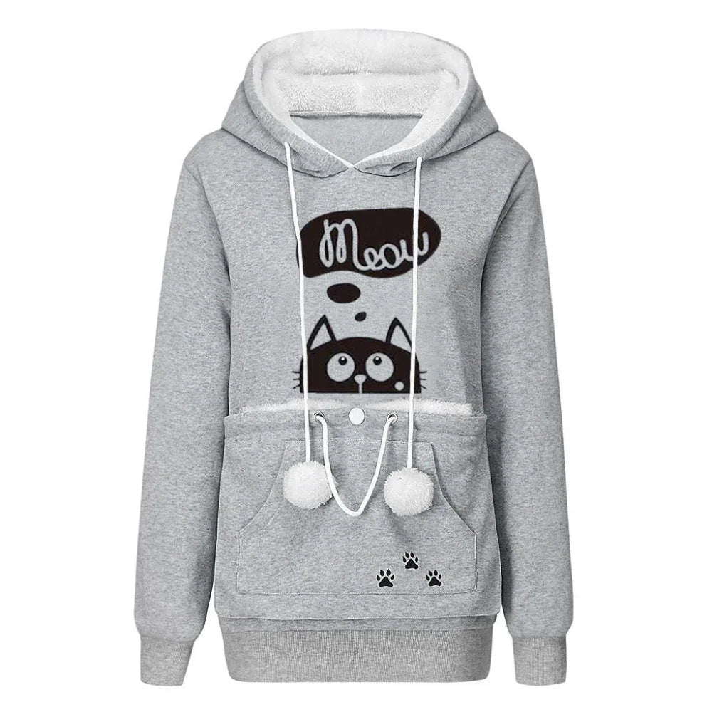 Lässiger Katzen-Print Hoodie mit großer Tasche für Haustiere Langarm-Pullover Damen Kapuzen-Oberteile Kleidung