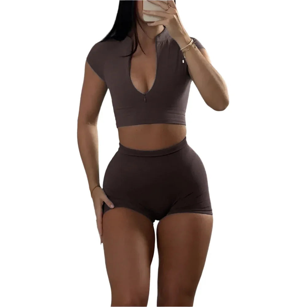 Sportlicher Kurzarm-Reißverschluss-Top und Shorts Zweiteiliges Gym-Workout-Outfit Bekleidungsset Anzug für Damen