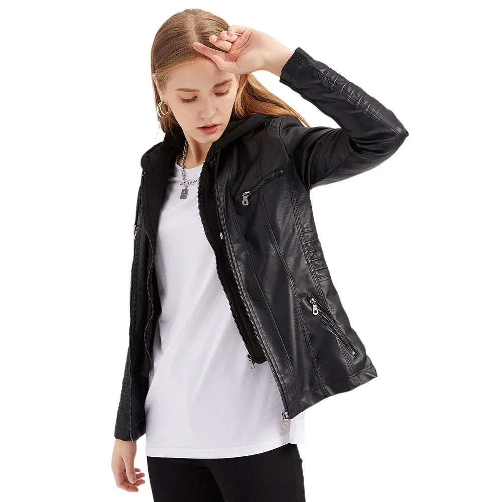 Abnehmbare zweiteilige Kapuzen-Lederjacke für Damen