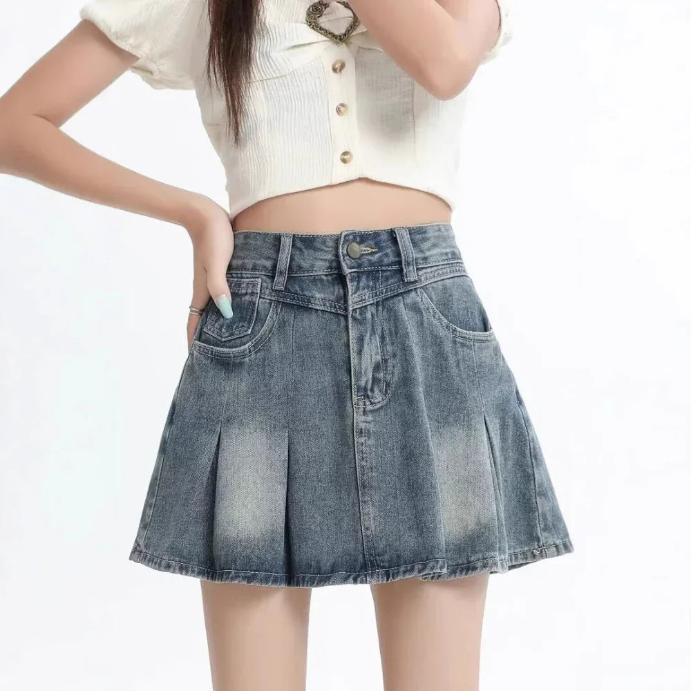 Retro Jeansrock Sommer A-Linie Faltenrock für Damen