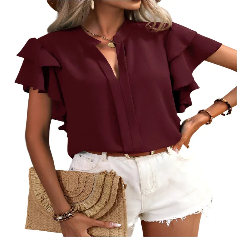Lässiges Sommer V-Ausschnitt Einfarbiges Shirt-Top