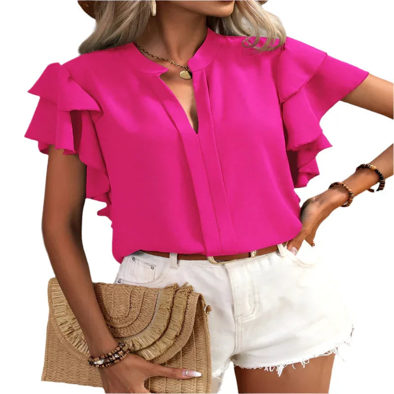 Lässiges Sommer V-Ausschnitt Einfarbiges Shirt-Top
