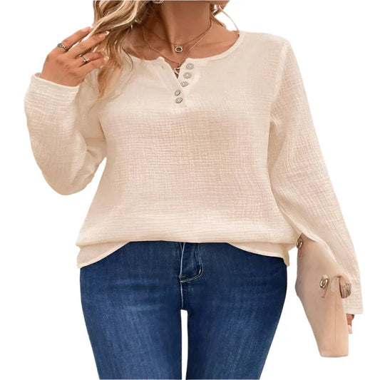 Camiseta de manga larga con botones y cuello redondo para mujer