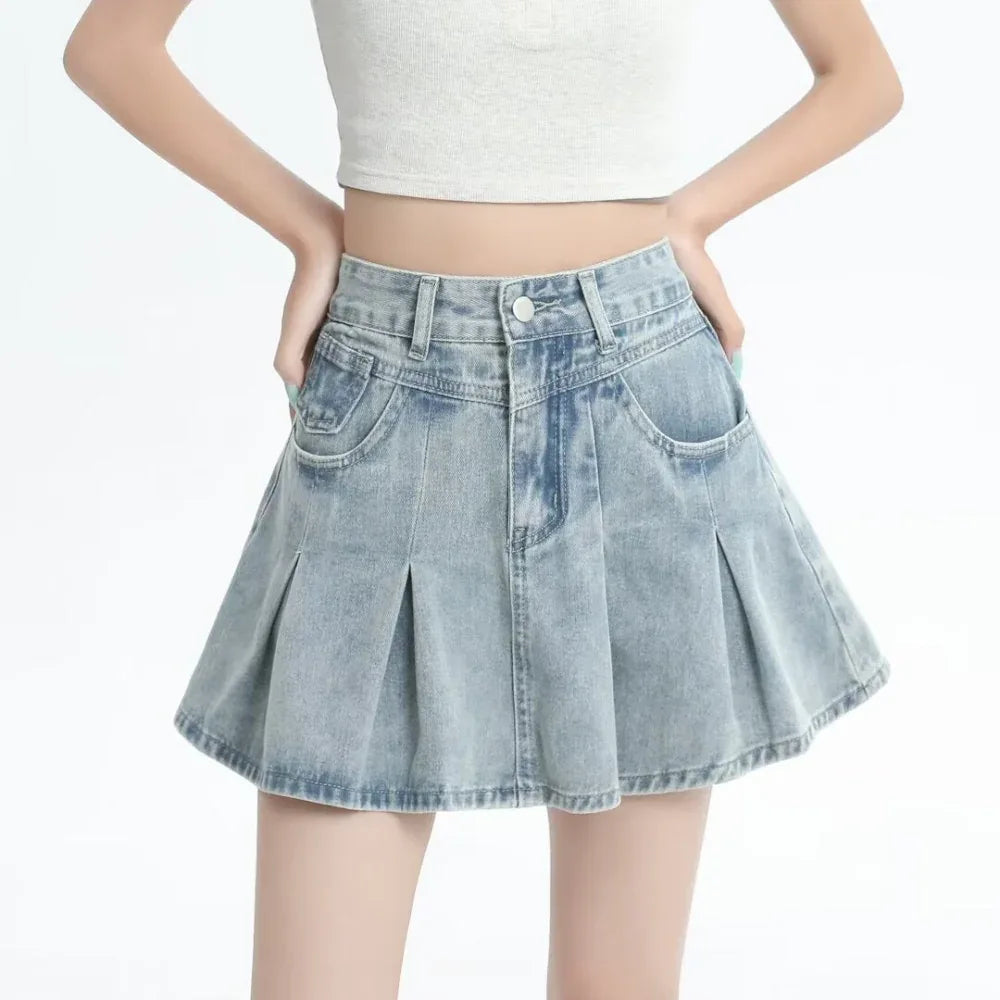 Retro Jeansrock Sommer A-Linie Faltenrock für Damen