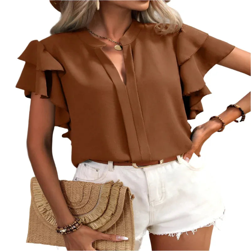 Lässiges Sommer V-Ausschnitt Einfarbiges Shirt-Top