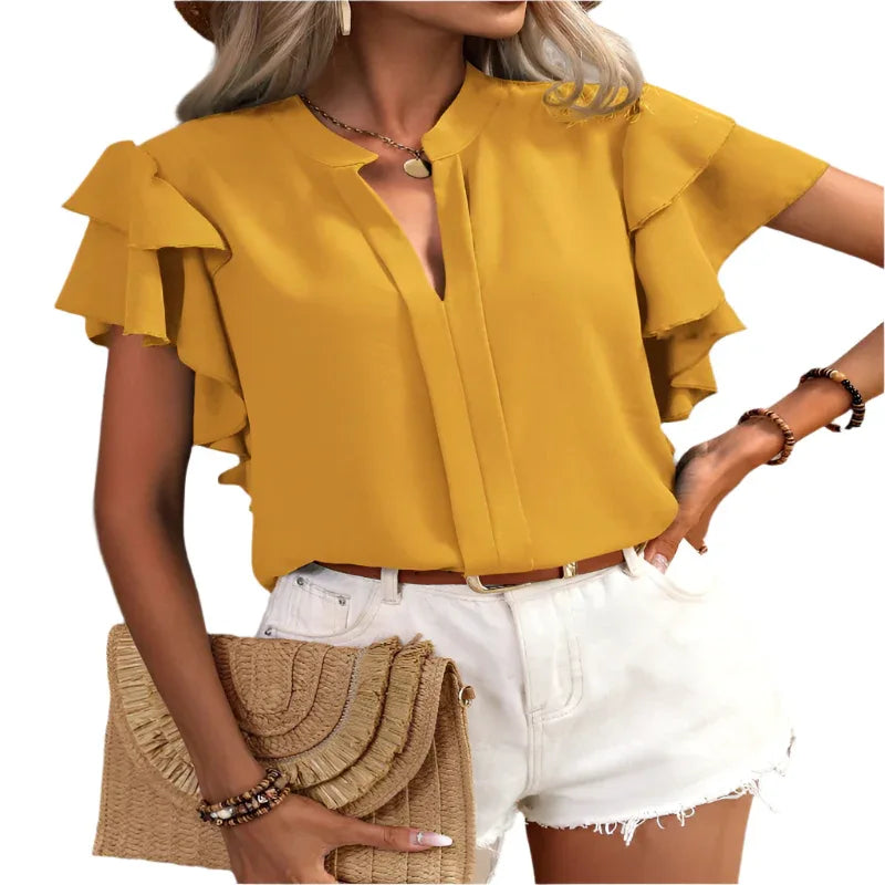 Lässiges Sommer V-Ausschnitt Einfarbiges Shirt-Top