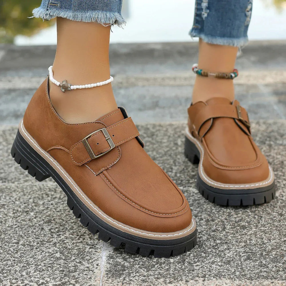 Modische Schnallen-Loafer für Damen Britischer Stil Höhenerhöhende Freizeitschuhe mit dicker Sohle
