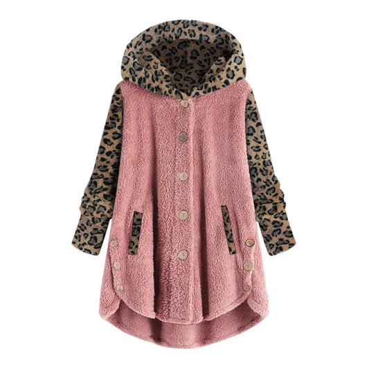 Herbst Und Winter Langarm Leopard Kapuze Plüschmantel Für Damen