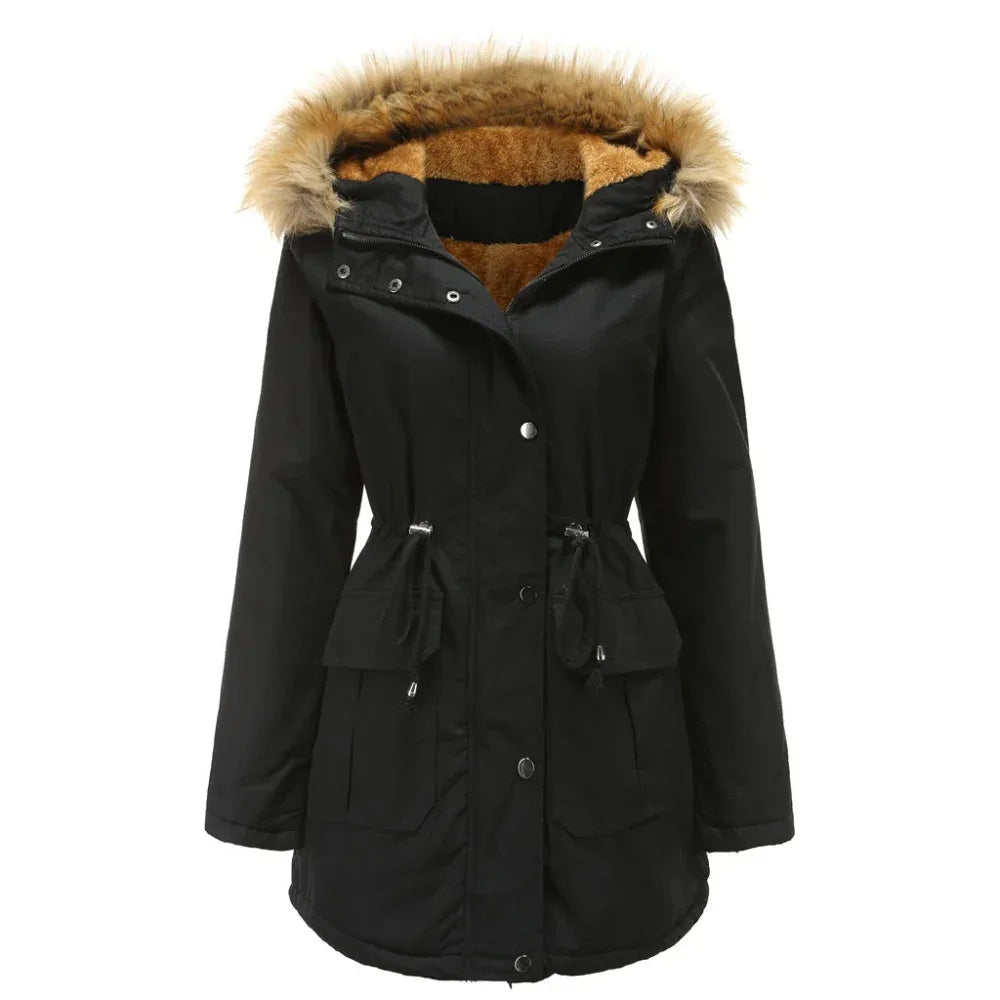 Damen Winterjacke mit Kapuze, Pelzkragen und Fleecefutter