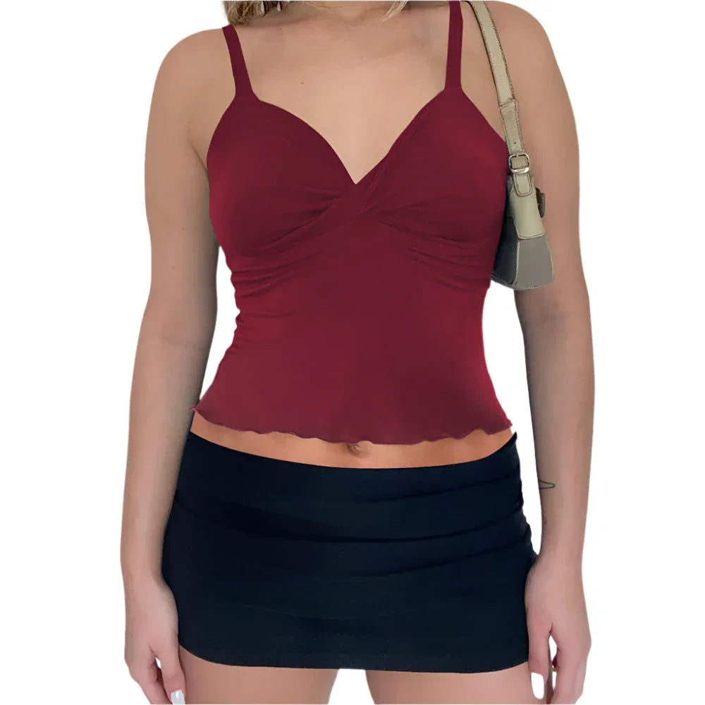 Damen-Camisole mit Schleife, rückenfreies Tanktop, tailliertes Bandeau-Top mit Wellenkante, Trägertop