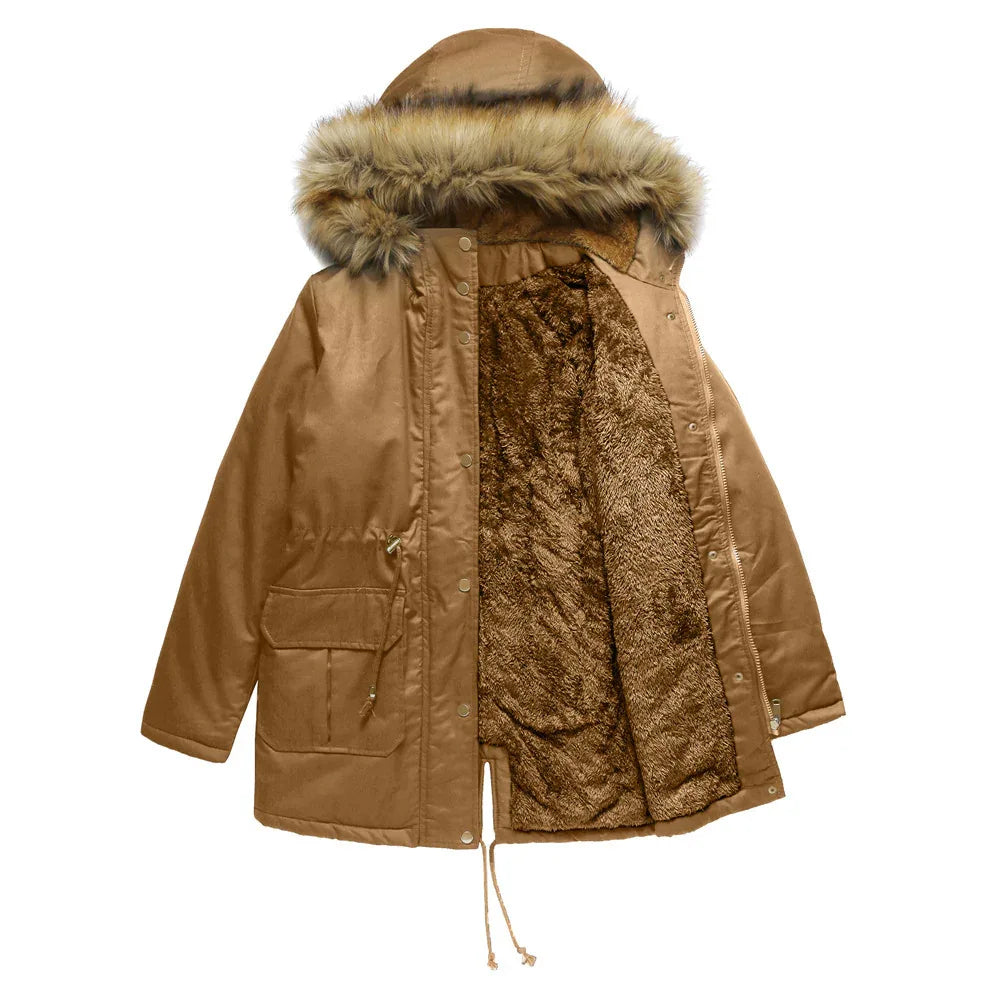 Damen Winterjacke mit Kapuze, Pelzkragen und Fleecefutter