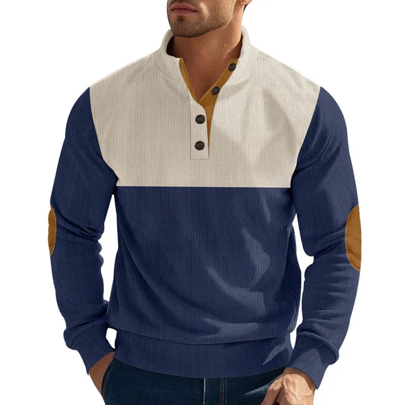 Herren Freizeitpullover mit Stehkragen, halber Knopfleiste und modischem Farbblockdesign