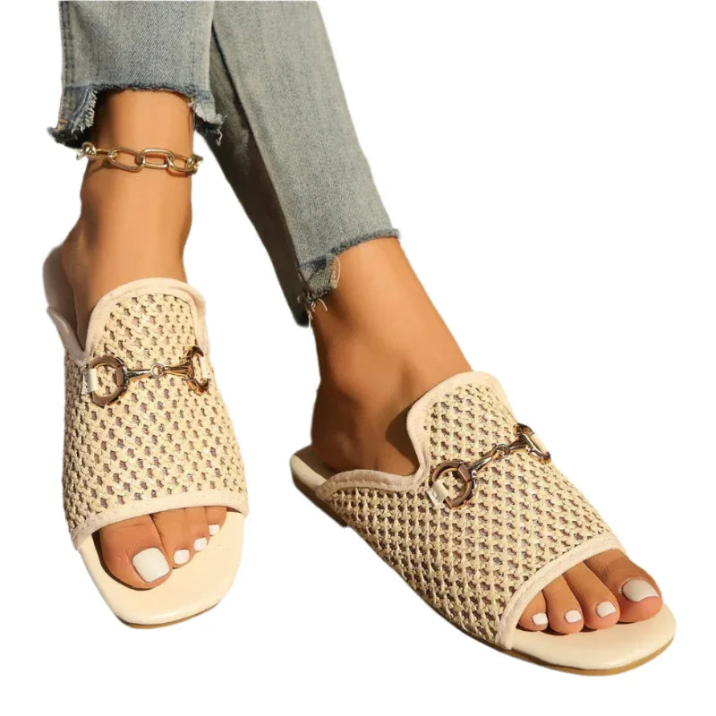 Hohle Square Toe Sandalen Sommer Mode Solide Flache Slides Damen Strandschuhe