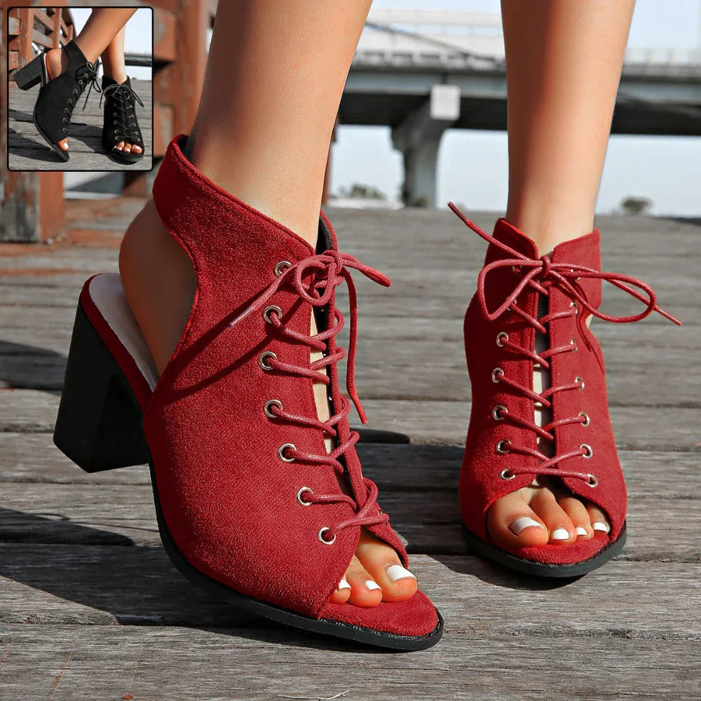 Geschnürte Chunky Heel Sandalen Sommer Mode Peeptoe Schuhe für Damen
