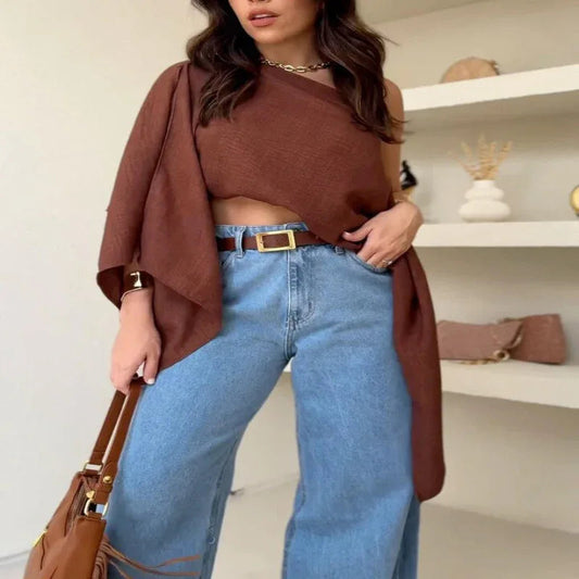Braunes schulterfreies Crop Top für Damen