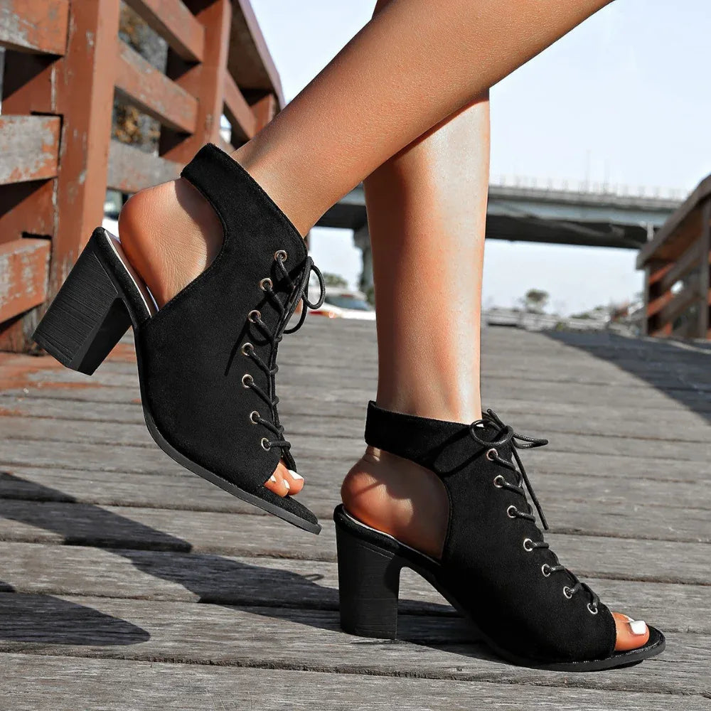 Geschnürte Chunky Heel Sandalen Sommer Mode Peeptoe Schuhe für Damen