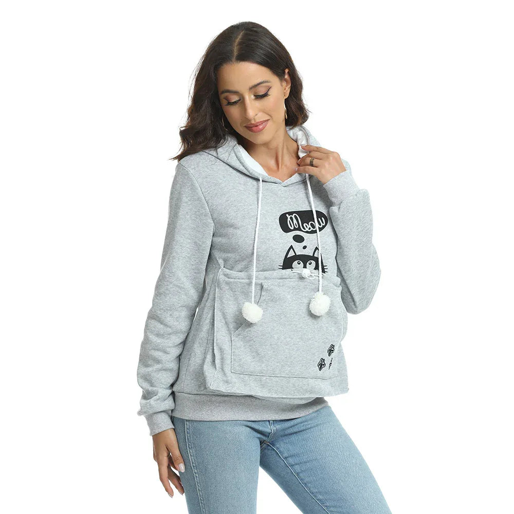 Lässiger Katzen-Print Hoodie mit großer Tasche für Haustiere Langarm-Pullover Damen Kapuzen-Oberteile Kleidung