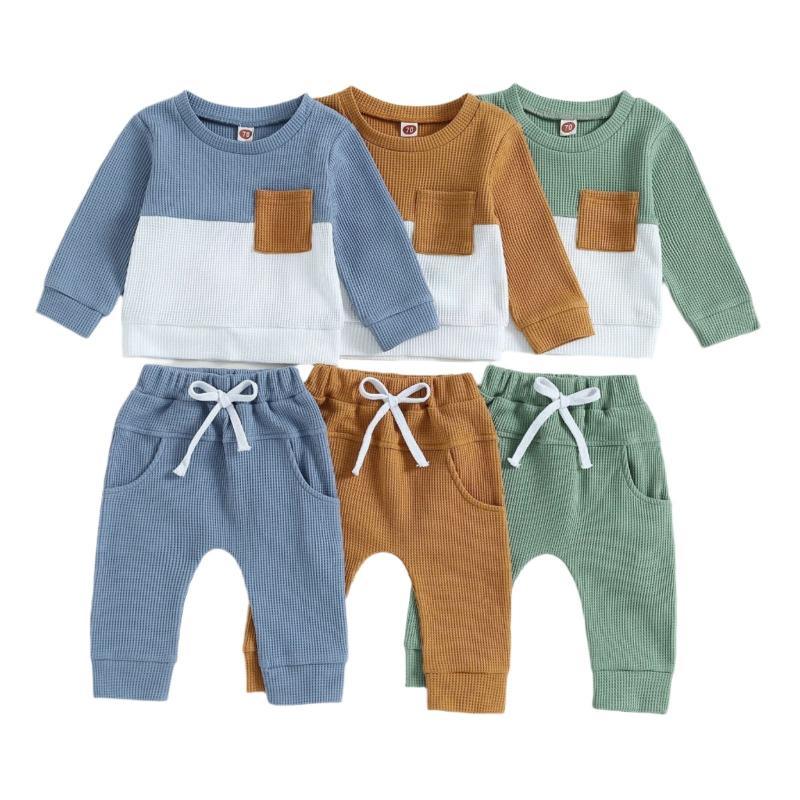Farblich passende Pullover mit Brusttasche & Schnür-Jogginghose 2-teiliges Baby-Jungen-Freizeitkleidungsset für 0-3-Jährige