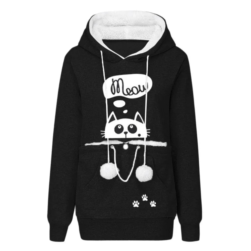 Lässiger Katzen-Print Hoodie mit großer Tasche für Haustiere Langarm-Pullover Damen Kapuzen-Oberteile Kleidung