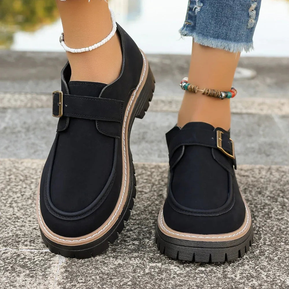 Modische Schnallen-Loafer für Damen Britischer Stil Höhenerhöhende Freizeitschuhe mit dicker Sohle