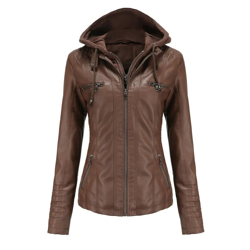Abnehmbare zweiteilige Kapuzen-Lederjacke für Damen