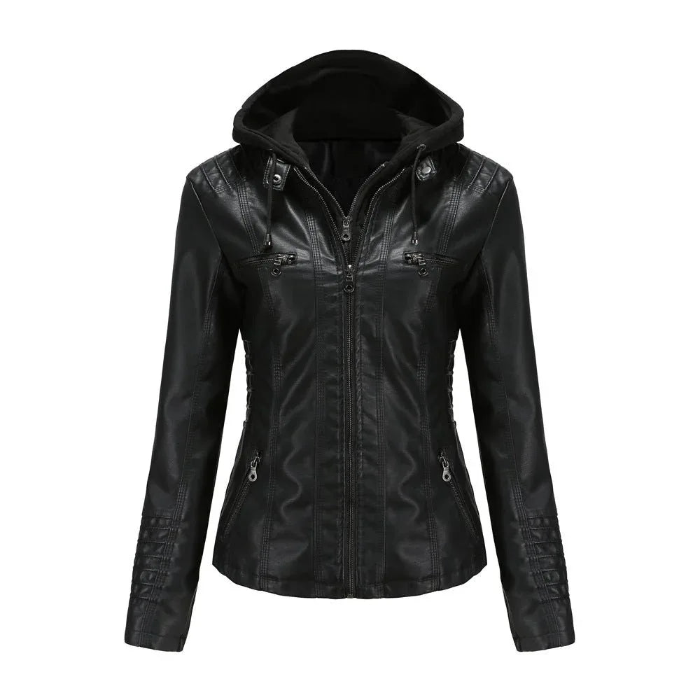 Abnehmbare zweiteilige Kapuzen-Lederjacke für Damen