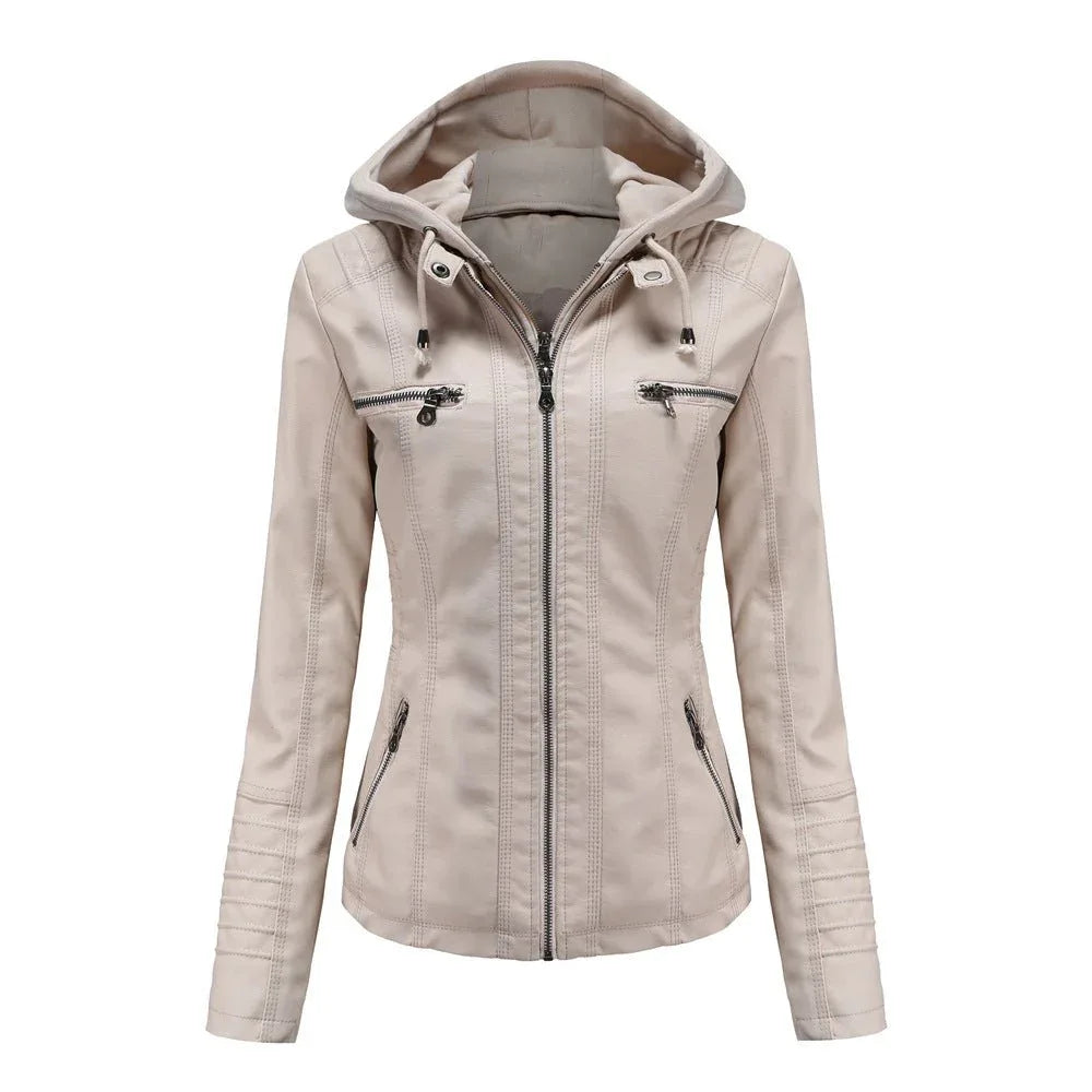 Abnehmbare zweiteilige Kapuzen-Lederjacke für Damen