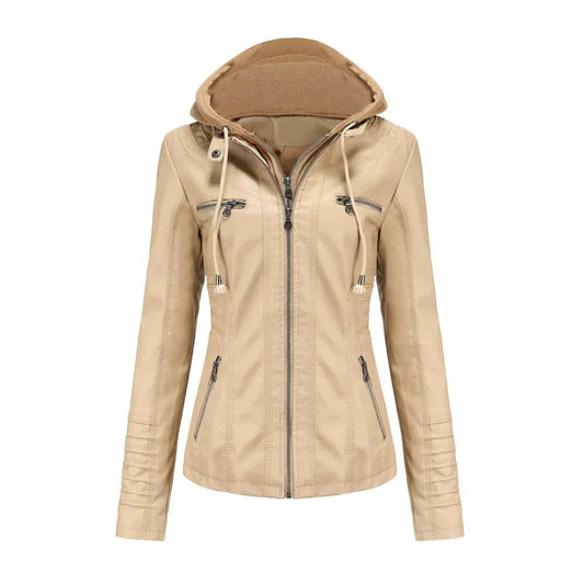Abnehmbare zweiteilige Kapuzen-Lederjacke für Damen