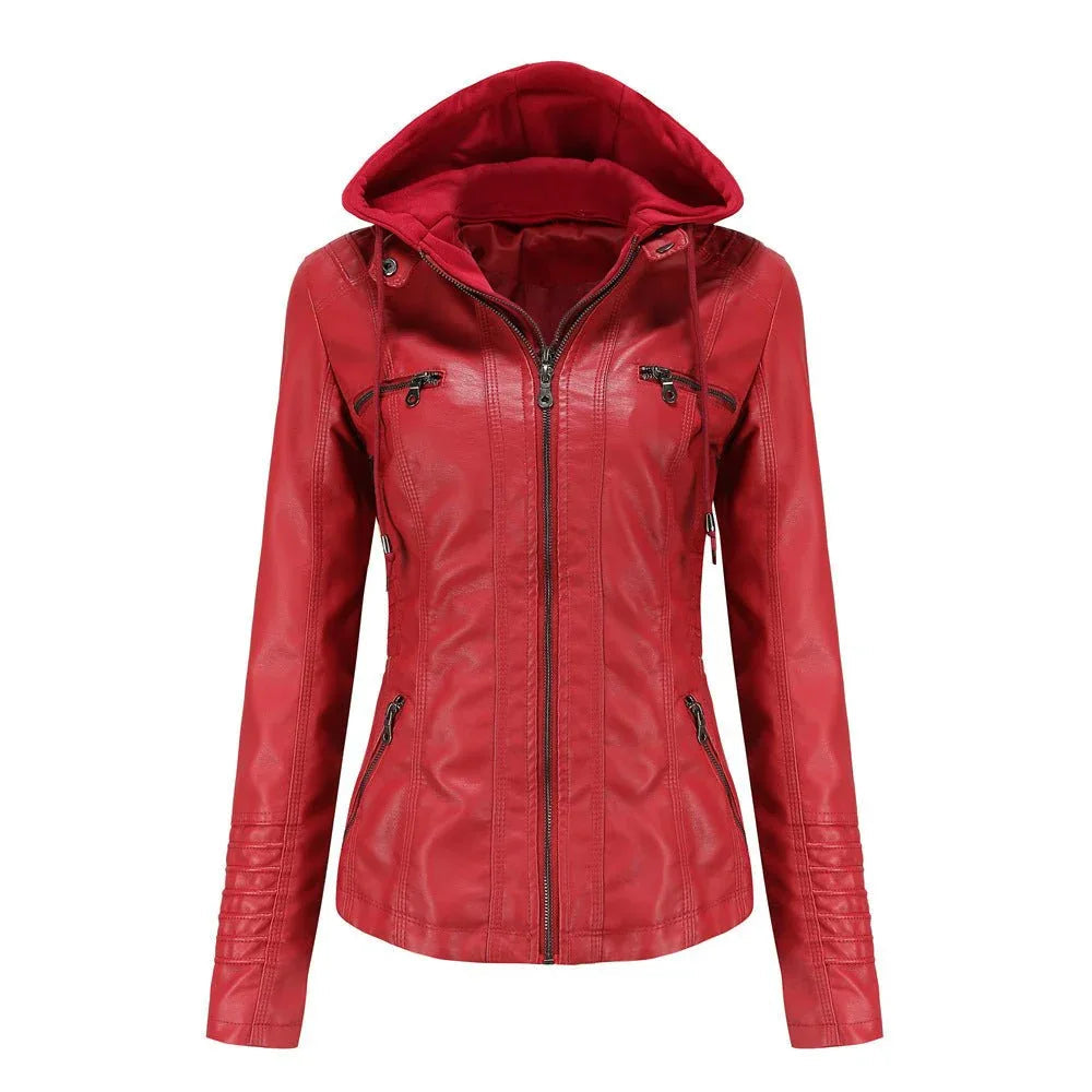 Abnehmbare zweiteilige Kapuzen-Lederjacke für Damen