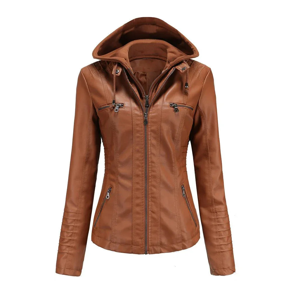 Abnehmbare zweiteilige Kapuzen-Lederjacke für Damen