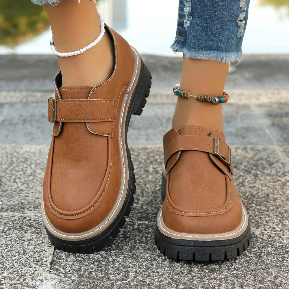 Modische Schnallen-Loafer für Damen Britischer Stil Höhenerhöhende Freizeitschuhe mit dicker Sohle