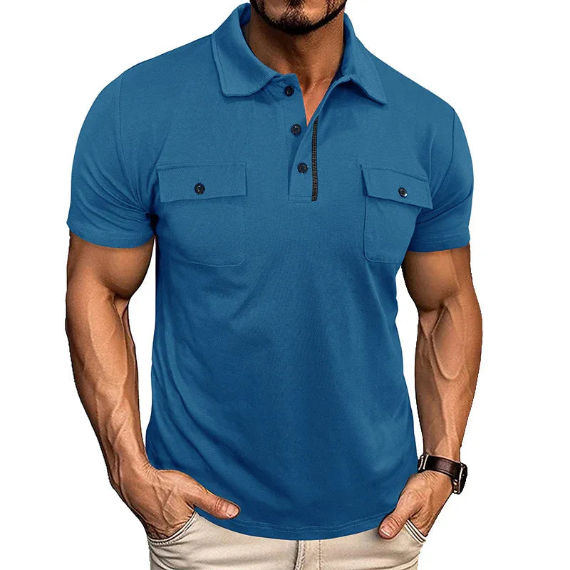 Sommer-Poloshirt mit Reverskragen und Brusttaschen, kurze Ärmel, Oberteile für Herren, Outdoor-Mode