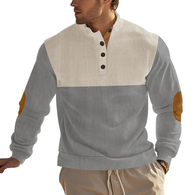 Herren Freizeitpullover mit Stehkragen, halber Knopfleiste und modischem Farbblockdesign