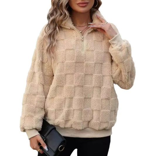 Damen-Pullover mit halbem Reißverschluss, Stehkragen, lockerem Karomuster und Plüsch