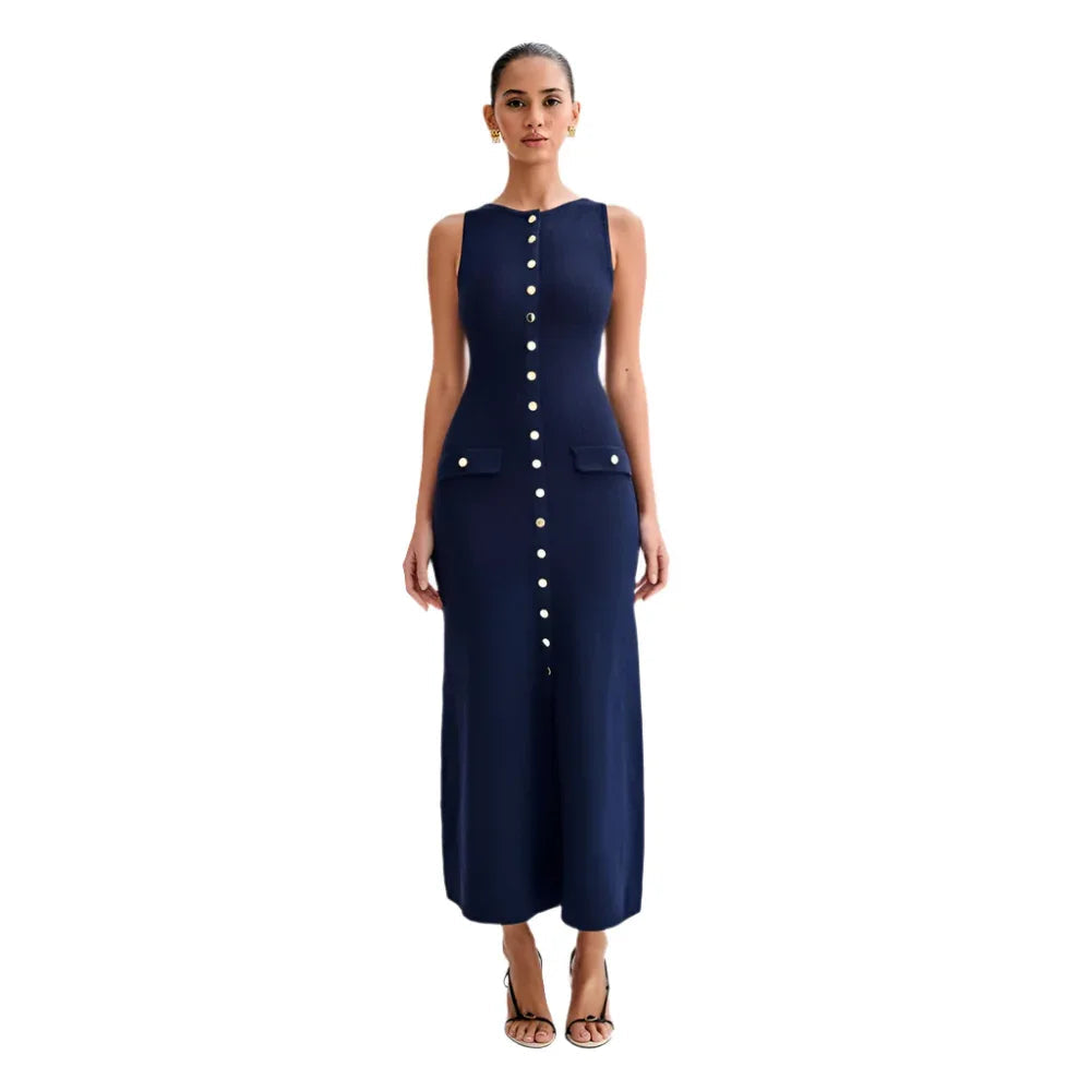Elegantes, gestricktes ärmelloses Kleid mit Knopfleiste, schmal geschnittenem Rundhalsausschnitt für Damen