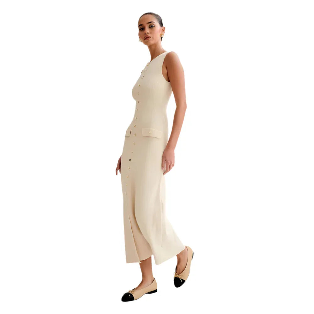 Elegantes, gestricktes ärmelloses Kleid mit Knopfleiste, schmal geschnittenem Rundhalsausschnitt für Damen