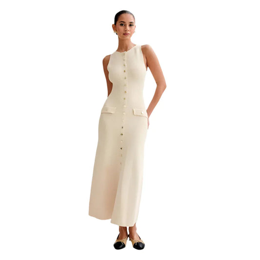 Elegantes, gestricktes ärmelloses Kleid mit Knopfleiste, schmal geschnittenem Rundhalsausschnitt für Damen