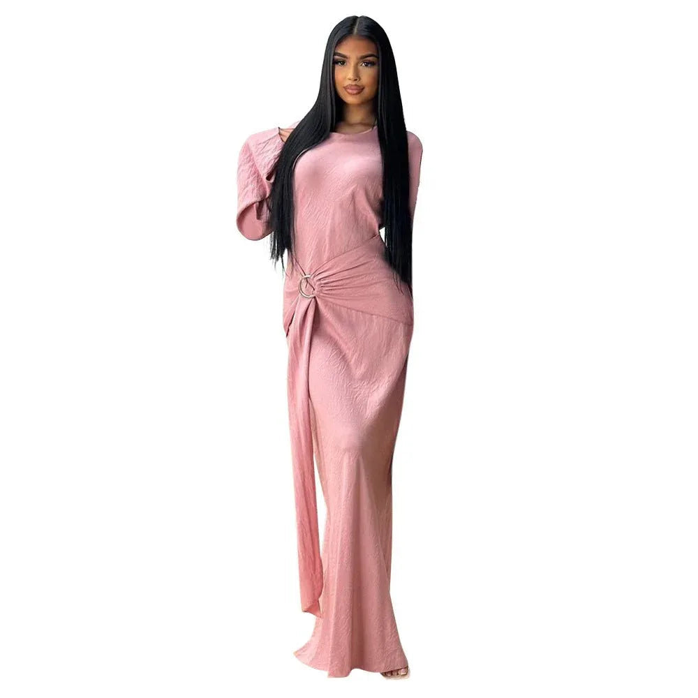 Vestido Elegante de Manga Larga con Cuello Redondo y Color Liso