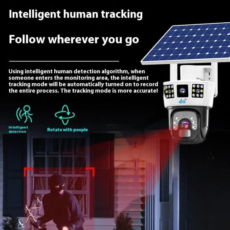 Solarbetriebene Überwachungskamera mit drei Bildschirmen für die Haussicherheit