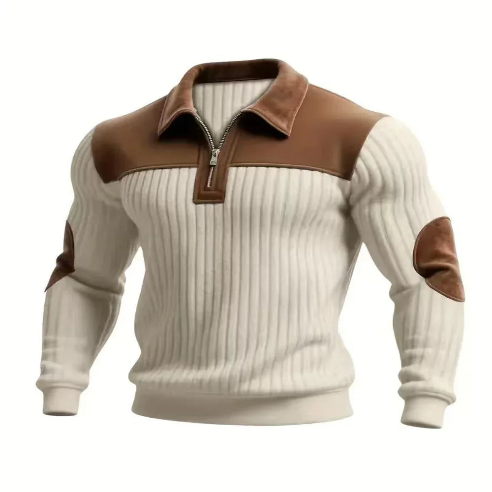 Herren-Strickpullover mit gekerbtem Kragen, Patchwork und Reißverschluss