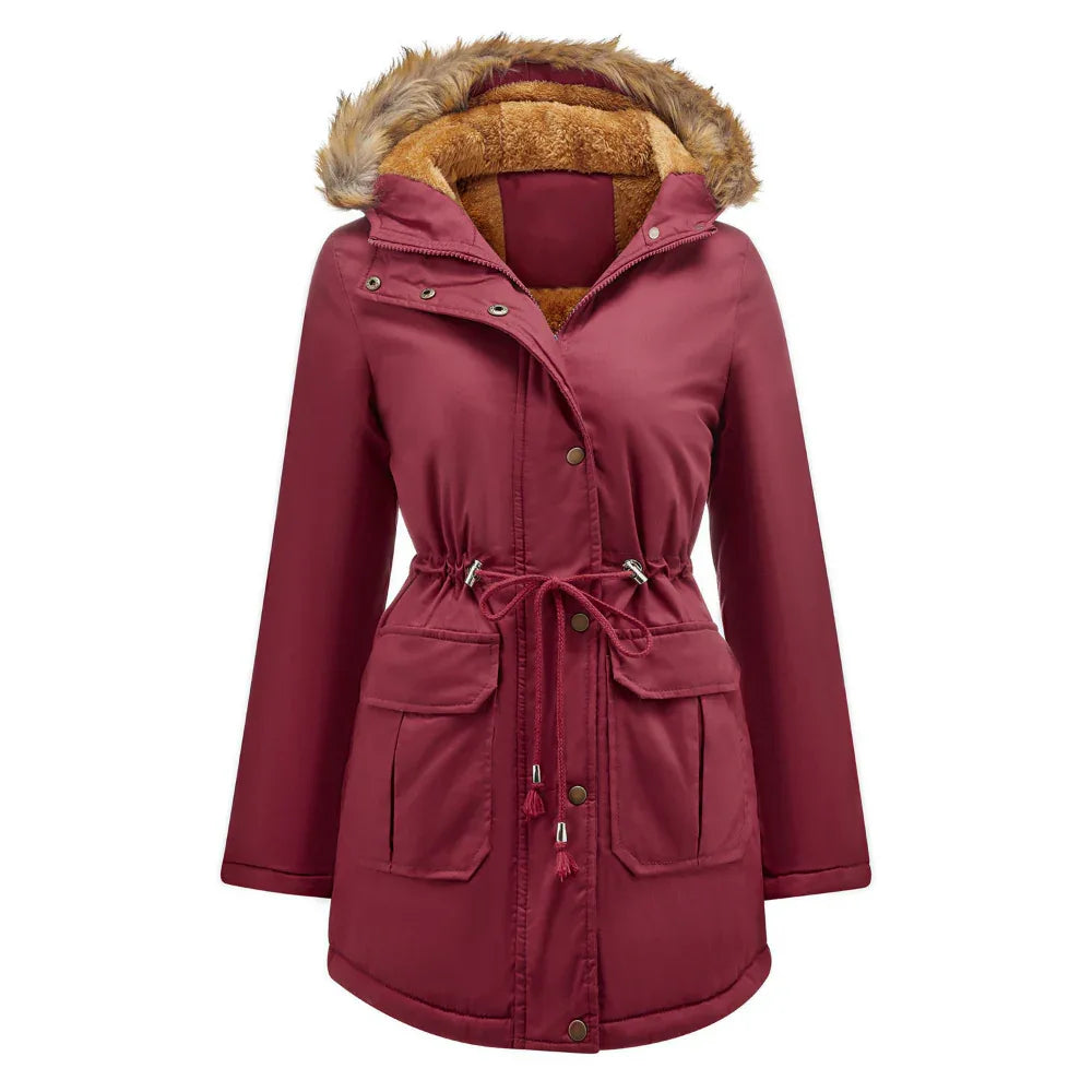 Damen Winterjacke mit Kapuze, Pelzkragen und Fleecefutter