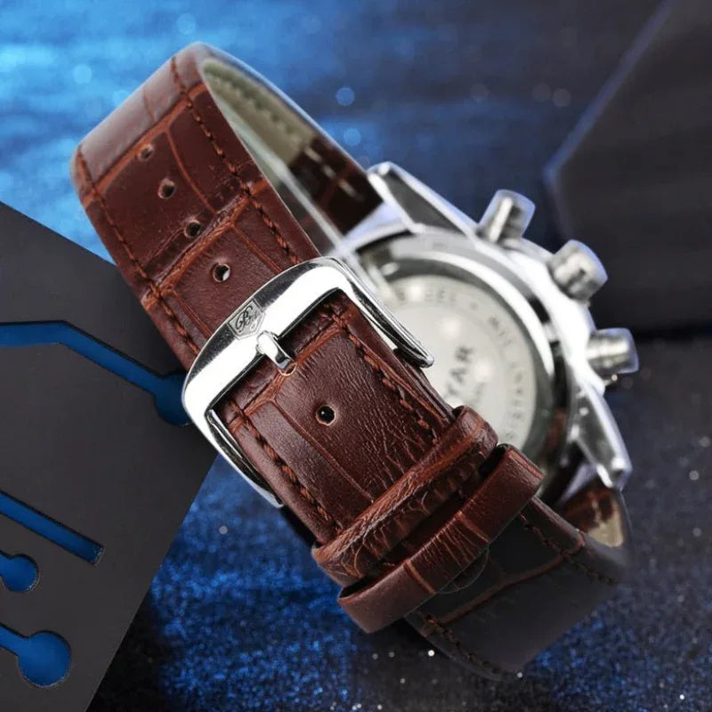 Modische, legere kleine Herren-Quarzuhr mit Hilfszifferblatt und Lederarmband