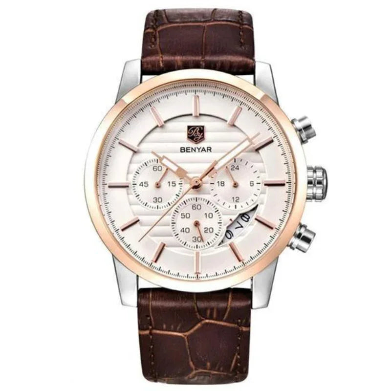 Modische, legere kleine Herren-Quarzuhr mit Hilfszifferblatt und Lederarmband