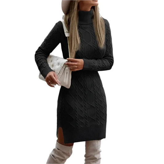 Fashionable Warm Turtleneck Knitted Dress With Slit Design