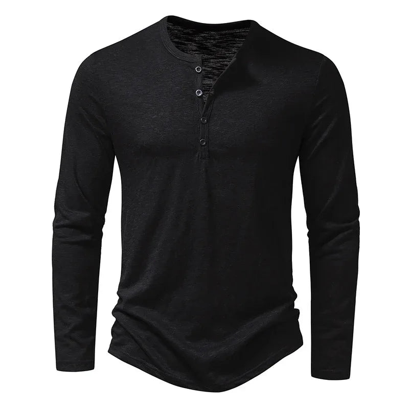Herren Langarm-T-Shirt Mode Lässiger Einfarbiger Pullover Button Top Herbst- und Frühlingskleidung