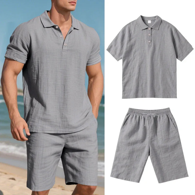 Sommer Herren lockere Freizeit Leinen atmungsaktive Kurzarmhemden & Shorts Bekleidungsset