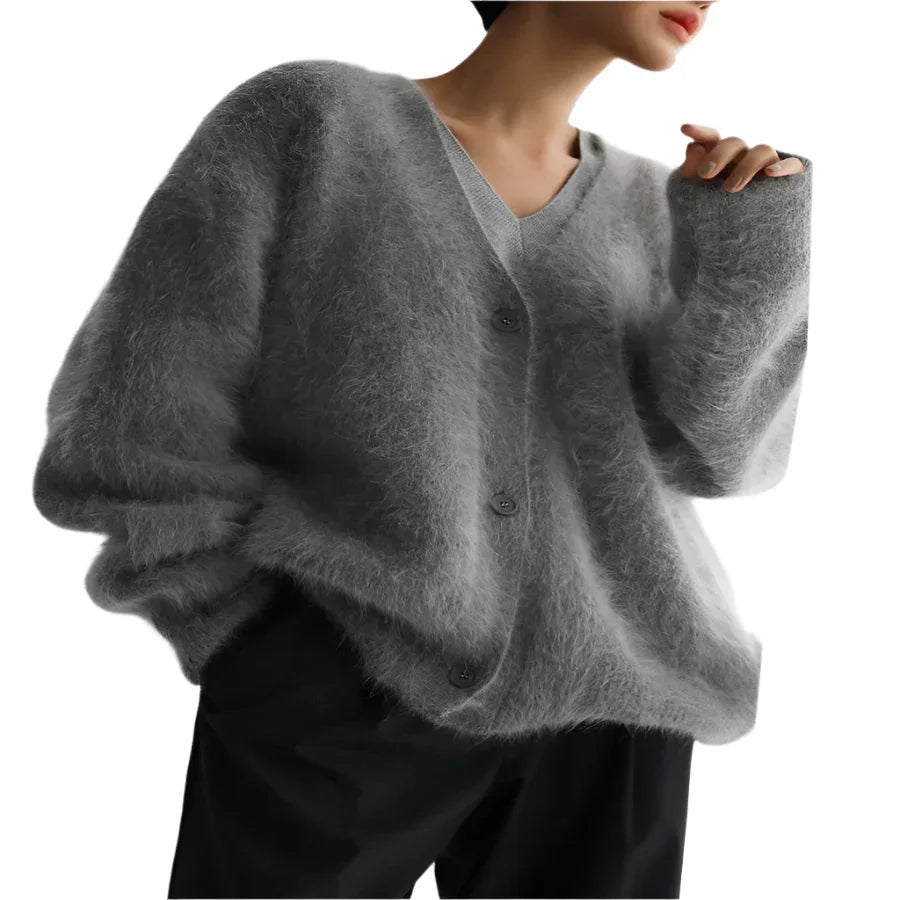Lockere V-Ausschnitt Strickjacke mit Knöpfen Herbst Winter Mode Einreihiger Strickpullover Top Damenbekleidung