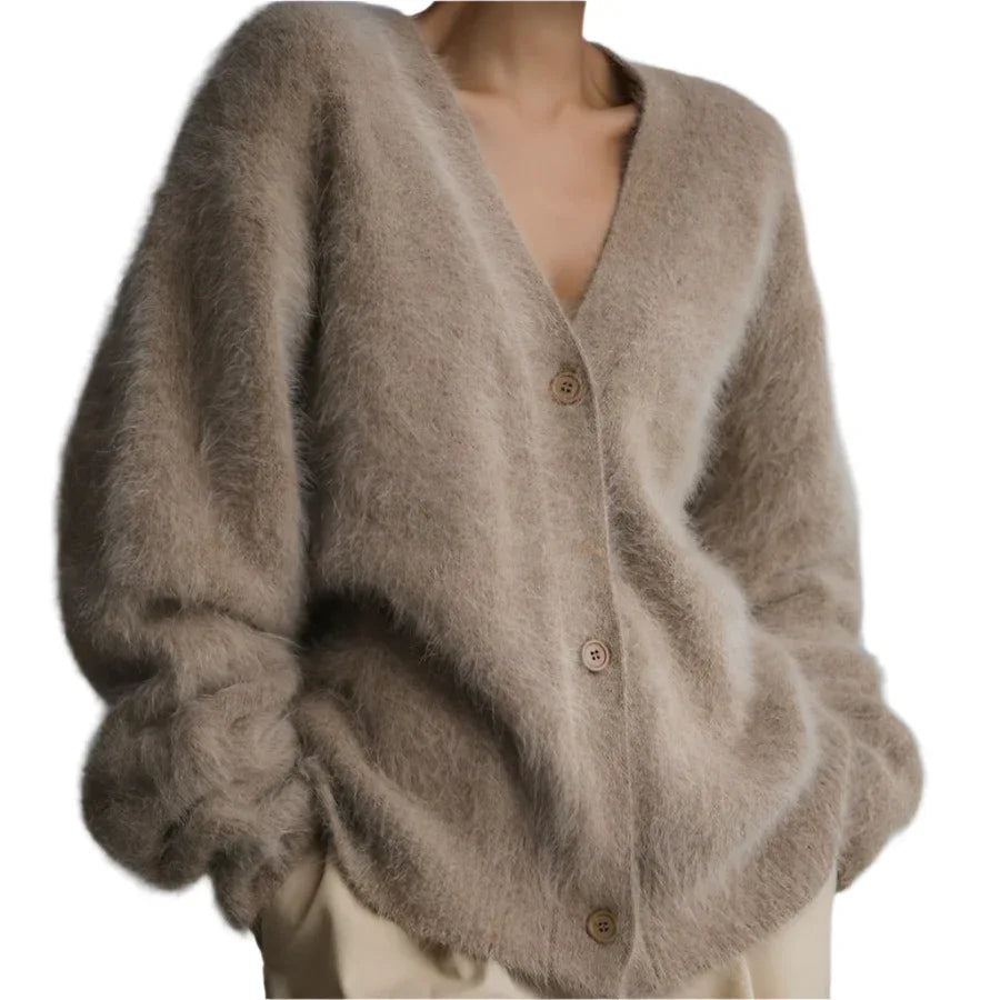 Lockere V-Ausschnitt Strickjacke mit Knöpfen Herbst Winter Mode Einreihiger Strickpullover Top Damenbekleidung