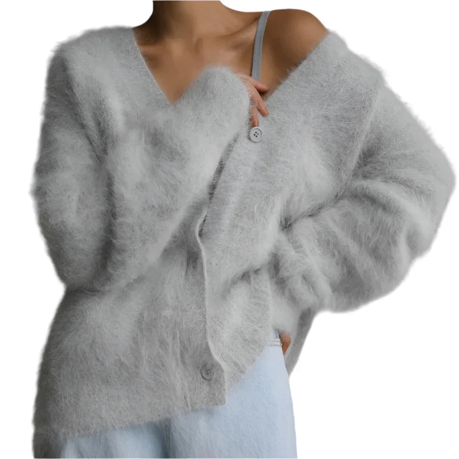 Lockere V-Ausschnitt Strickjacke mit Knöpfen Herbst Winter Mode Einreihiger Strickpullover Top Damenbekleidung